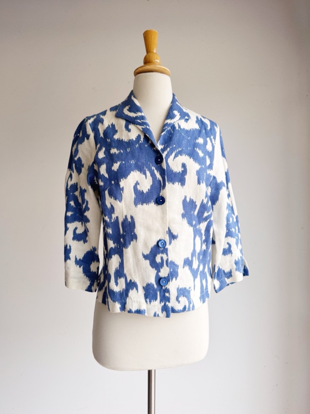Connie Roberson Linen Ikat Jacket Top Blue White XS